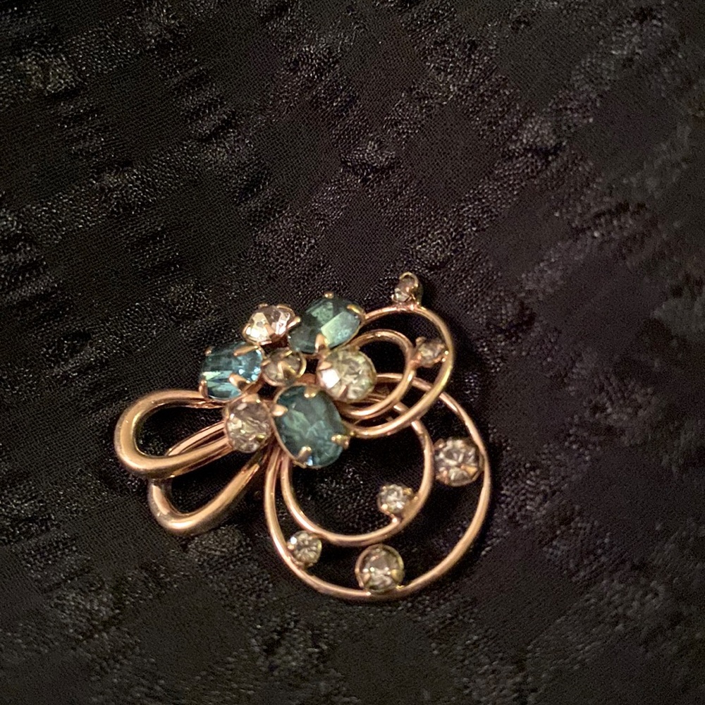 M&S Gold Filled Brooch or Pendant Blue and Clear Stones